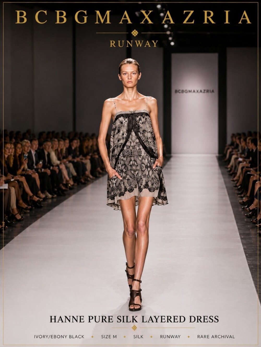 BCBGMaxAzria Runway Hanne Silk Dress Black & White Lace Print Layered Chiffon M